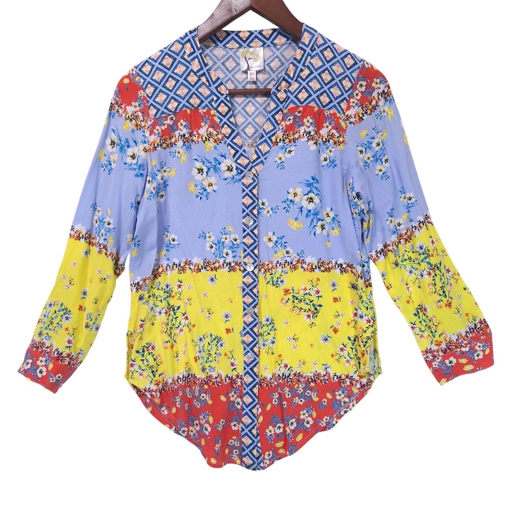 Anthropologie Fig & Flower Patchwork Print Button Front‎ Blouse Blue Yellow PS